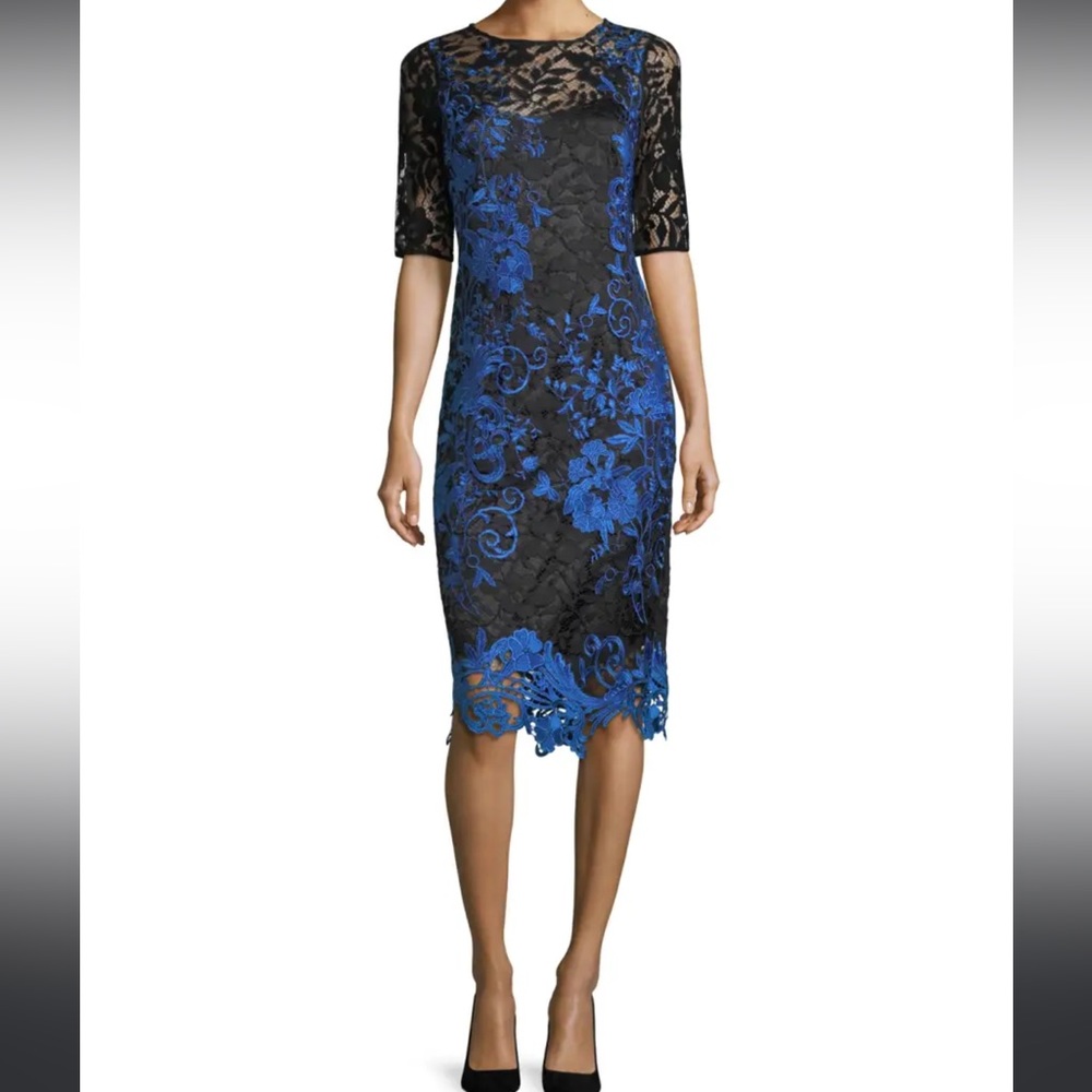 Rickie Freeman for Teri Jon Half-Sleeve Two-Tone Lace Overlay Dress NWT